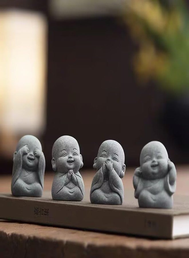 Fovasen 4PCS Laughing Buddha Statue for Good Luck & Feng Shui Decor - Cute Small Zen Monk Sandstone Sculpture for Home, Office, Desk, Aquarium Decor (Four no Zen Statue) - Image 1